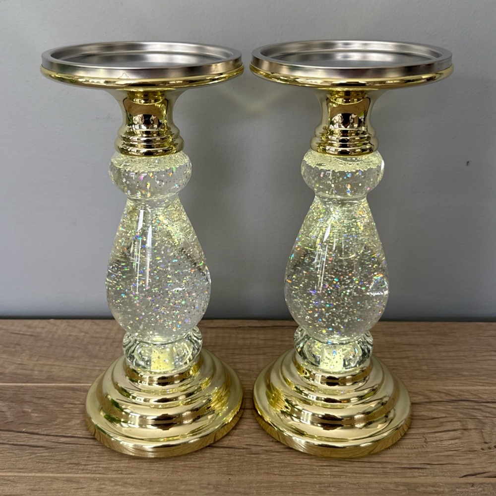 DILLARD'S Gold-tone Swirling Glitter LED Pedestal 3-Wick Candle Holder PAIR